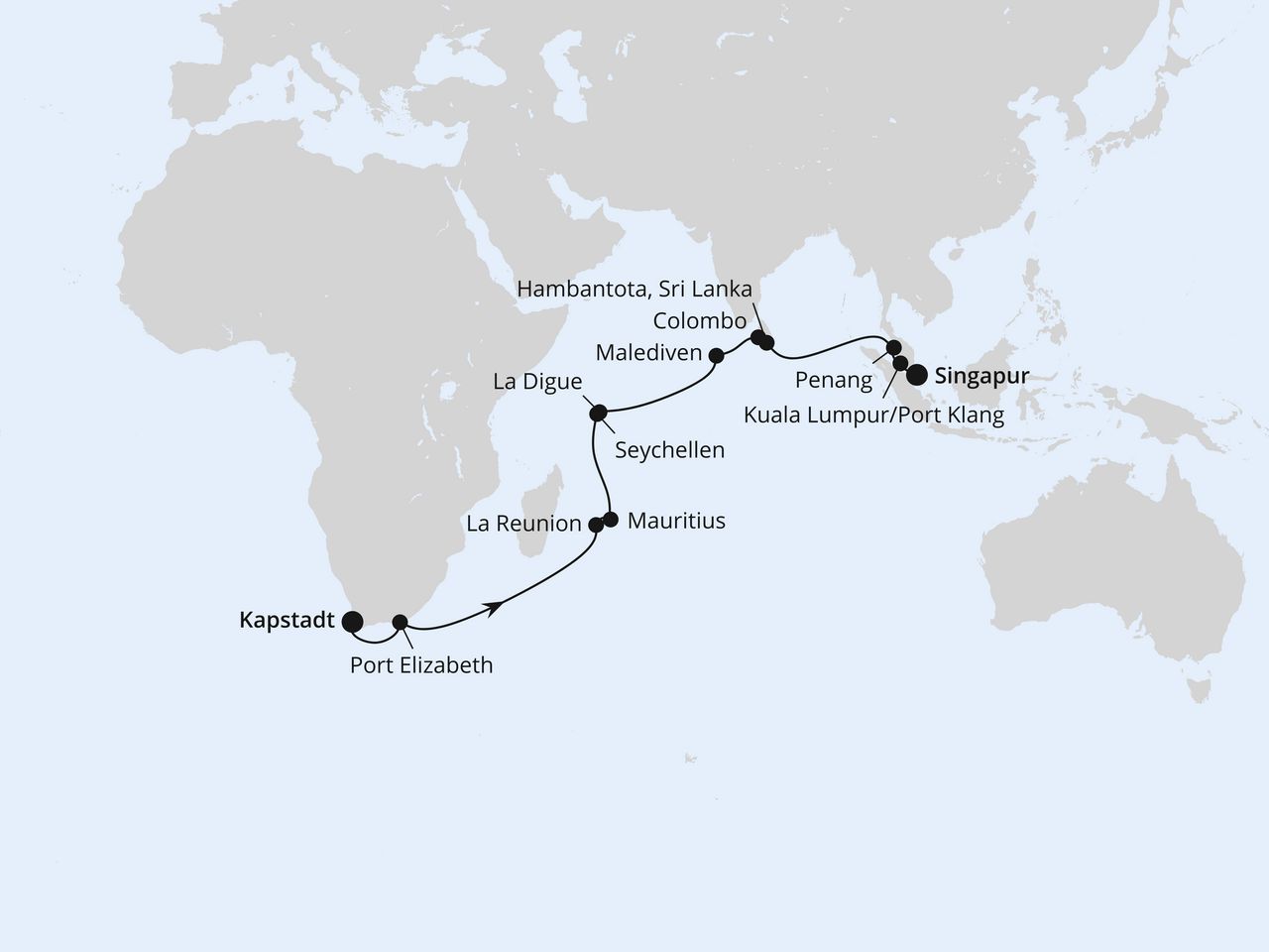 Routenkarte: Von Kapstadt über Mauritius nach Singapur