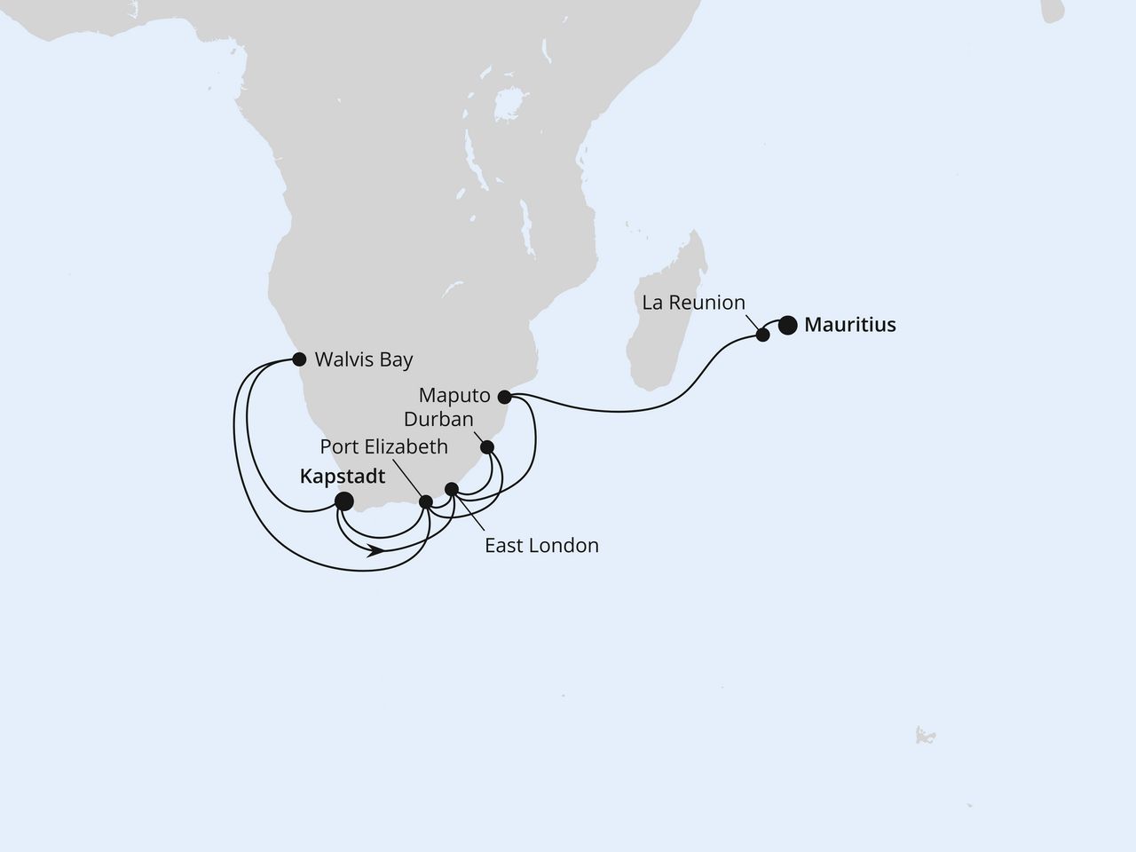 Routenkarte: Südliches Afrika mit La Reunion & Mauritius