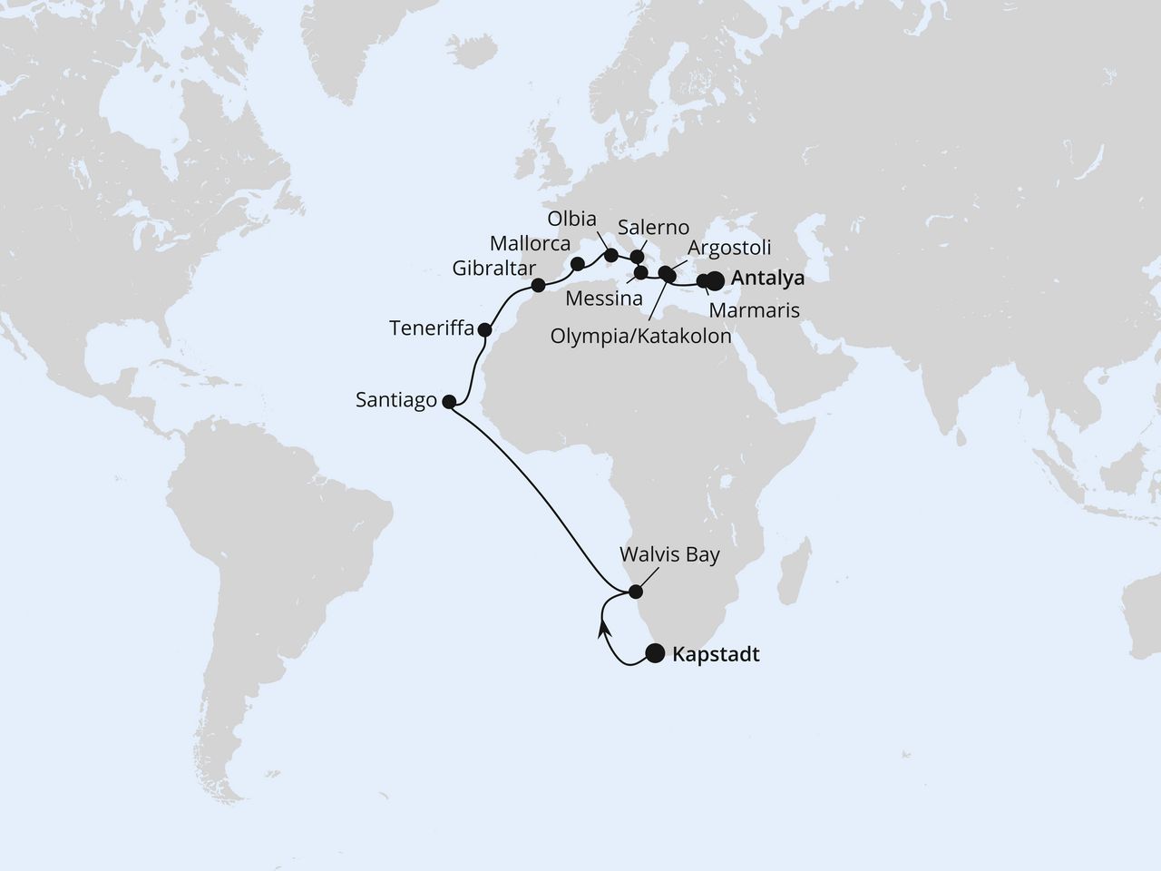 Routenkarte: Südafrika, Namibia & Mittelmeer ab Kapstadt