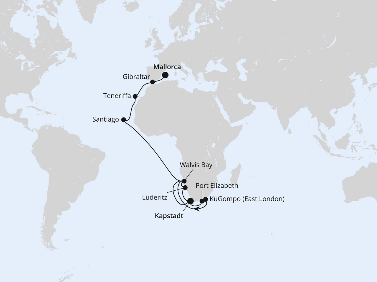 Routenkarte: Weltenbummler Südafrika & Namibia ab Kapstadt
