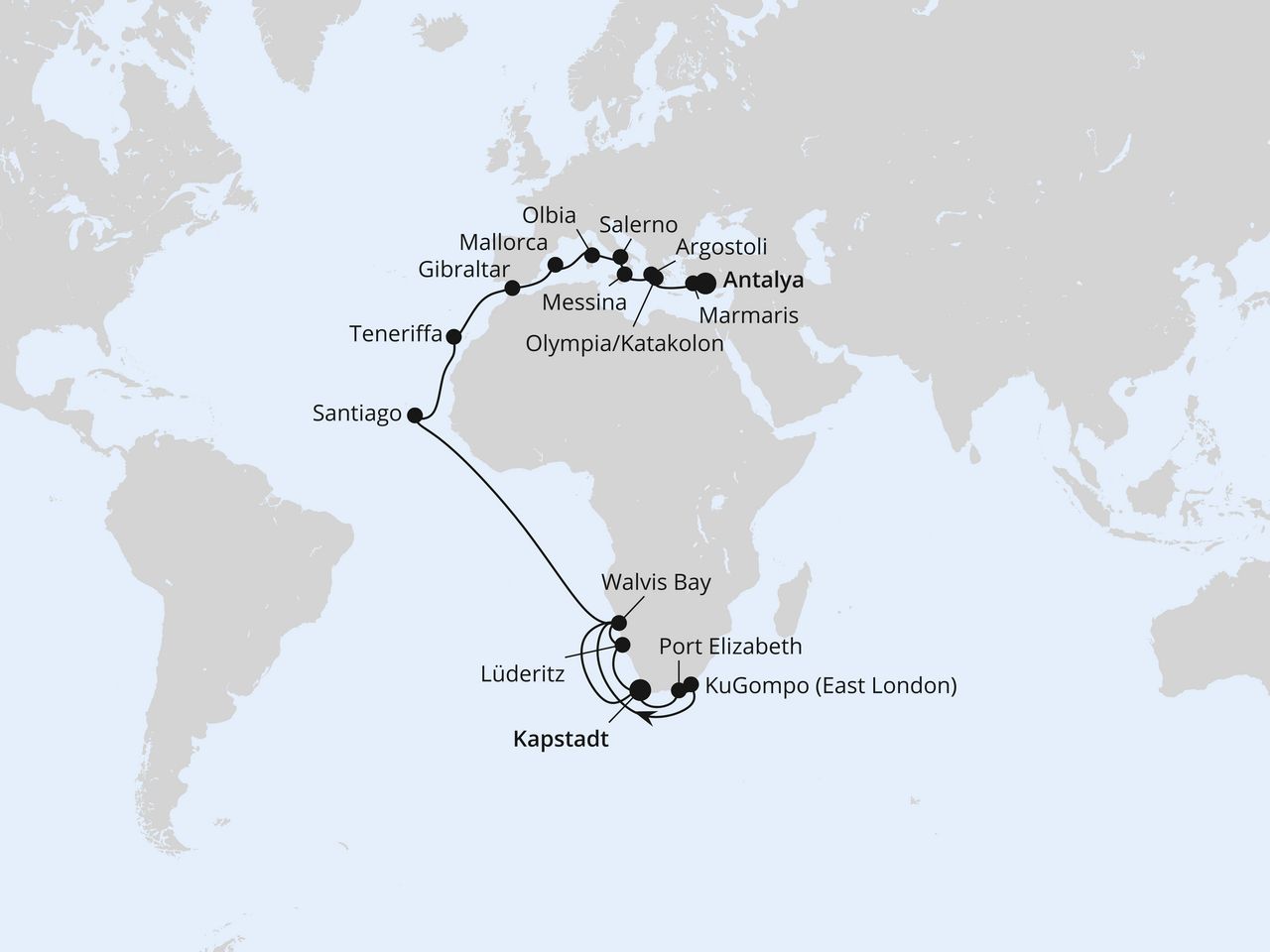 Routenkarte: Weltenbummler Südafrika, Namibia & Mittelmeer