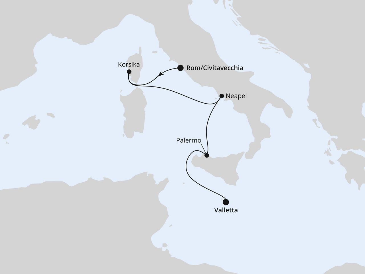 Routenkarte: Italien, Korsika & Malta ab Civitavecchia