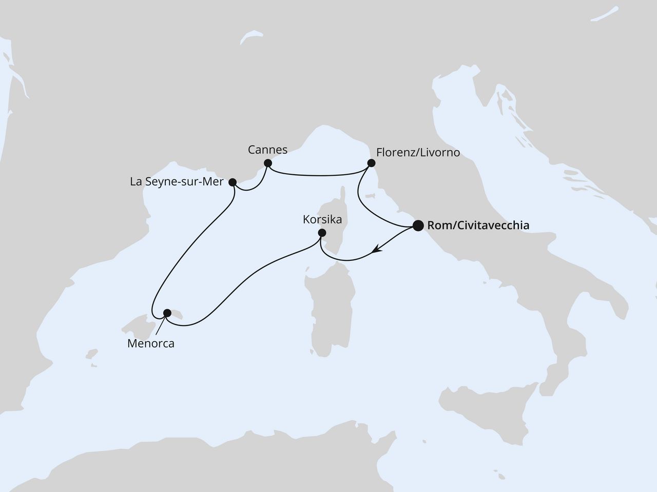 Routenkarte: Mediterrane Schätze ab Civitavecchia