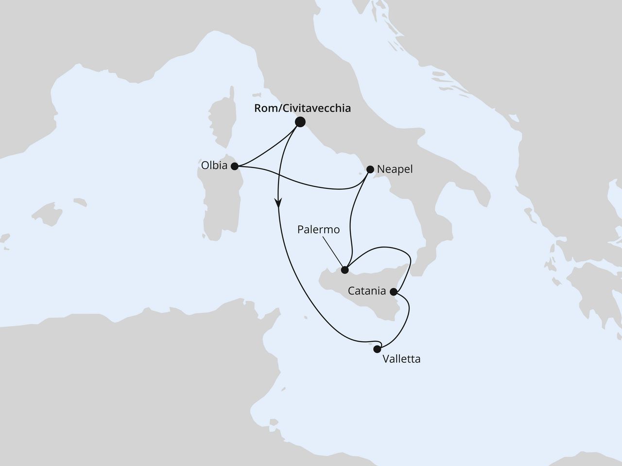 Routenkarte: Italien & Malta