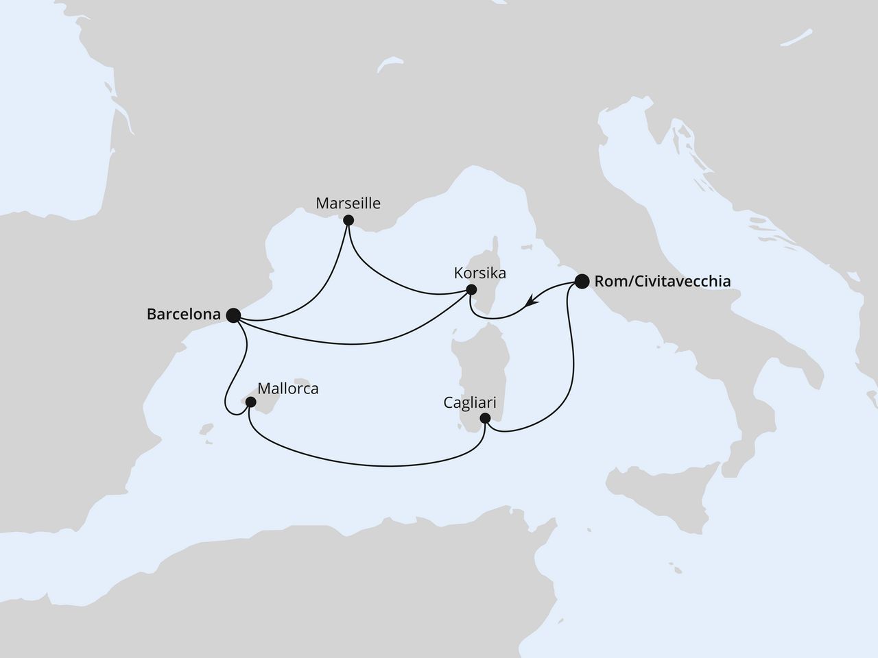 Routenkarte: Spanien, Frankreich & Italien ab Civitavecchia 2