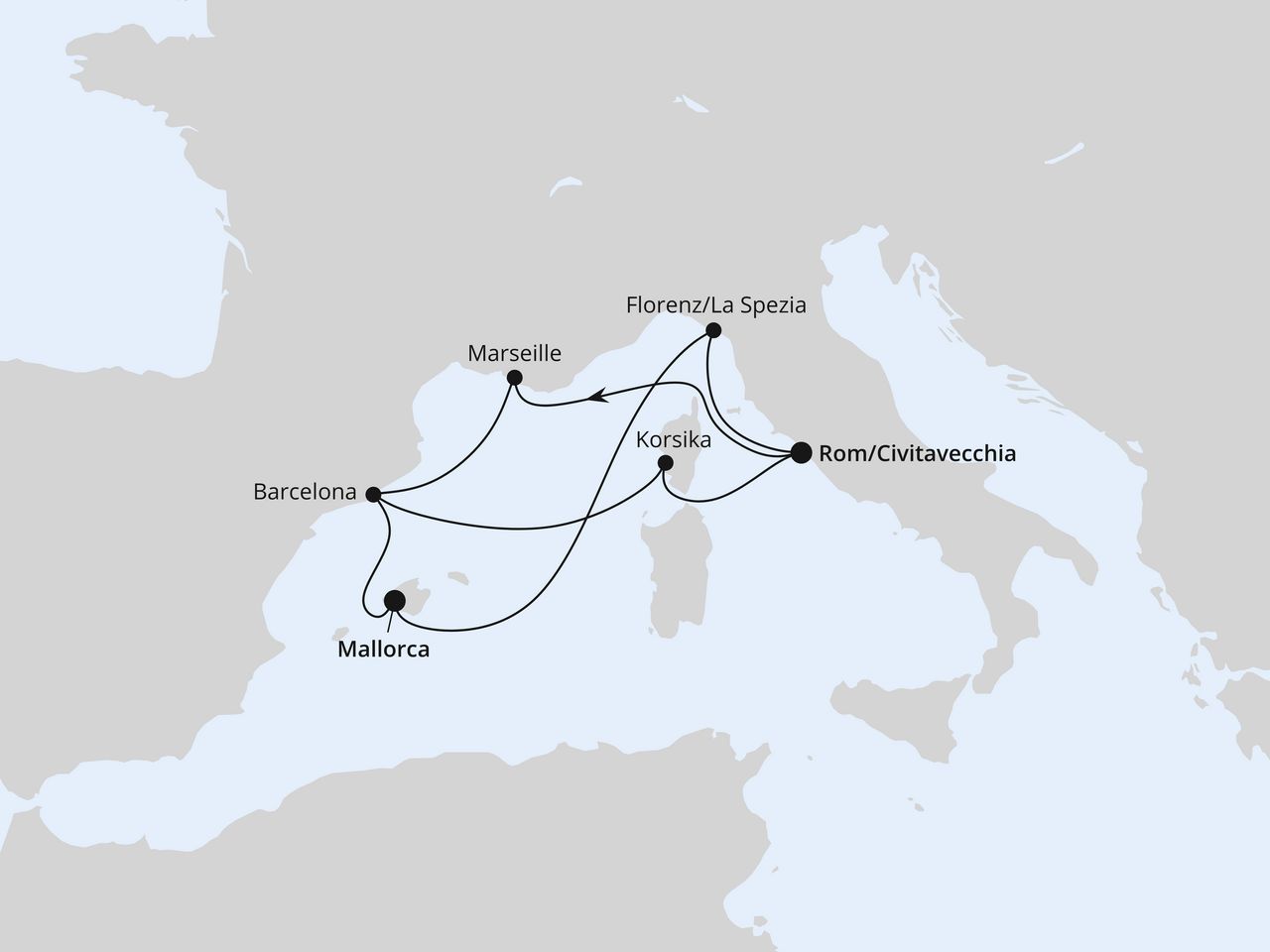 Routenkarte: Spanien, Frankreich & Italien ab Civitavecchia