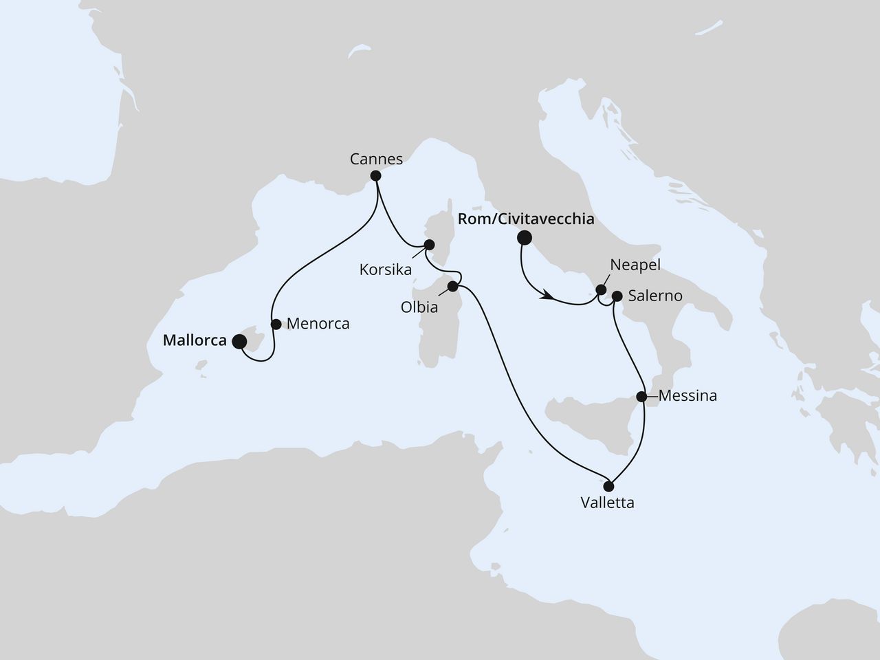 Routenkarte: Italien & Mittelmeerinseln ab Civitavecchia