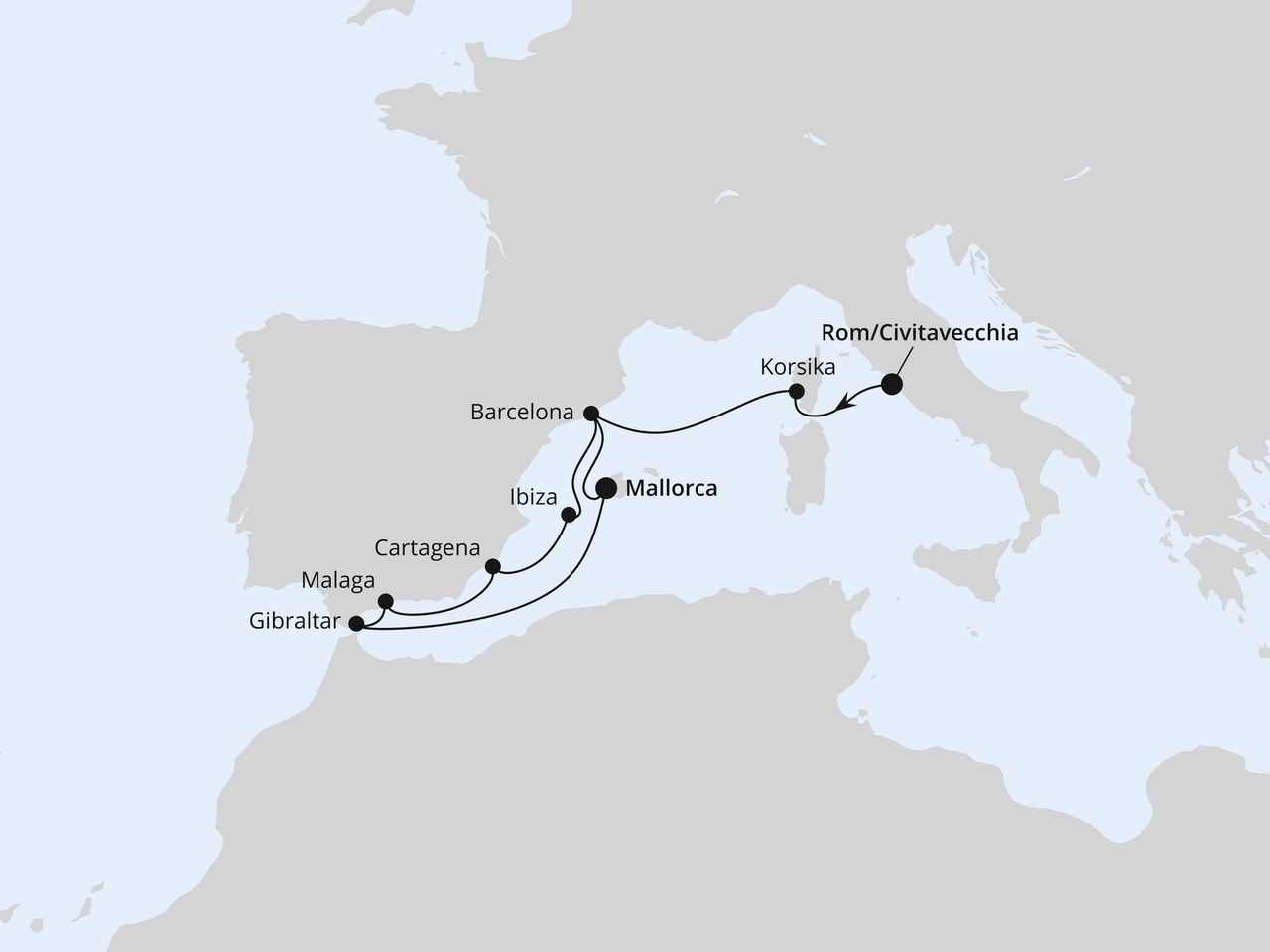 Routenkarte: Spanien, Frankreich & Gibraltar ab Civitavecchia