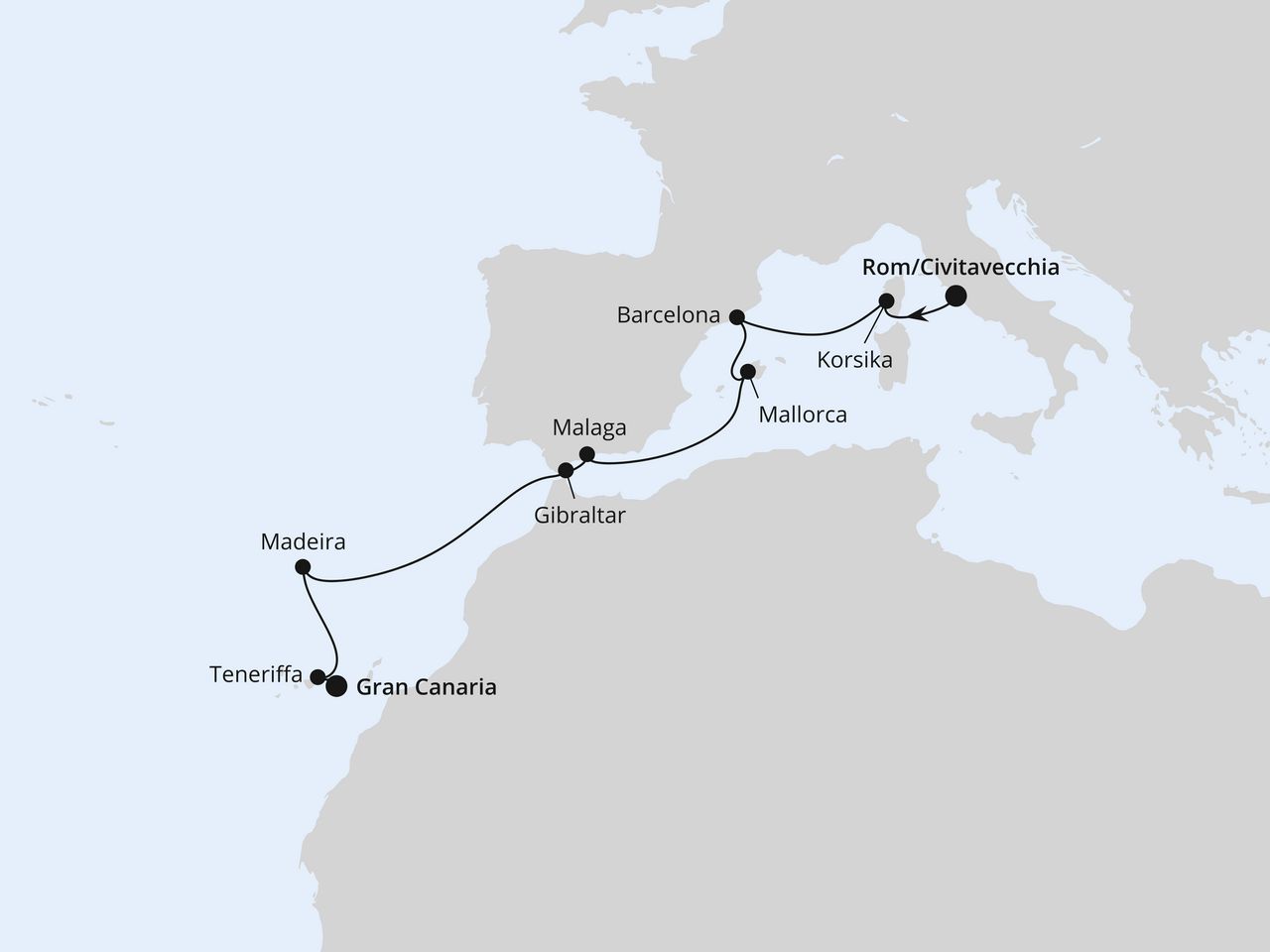 Routenkarte: Mittelmeer & Kanaren ab Civitavecchia