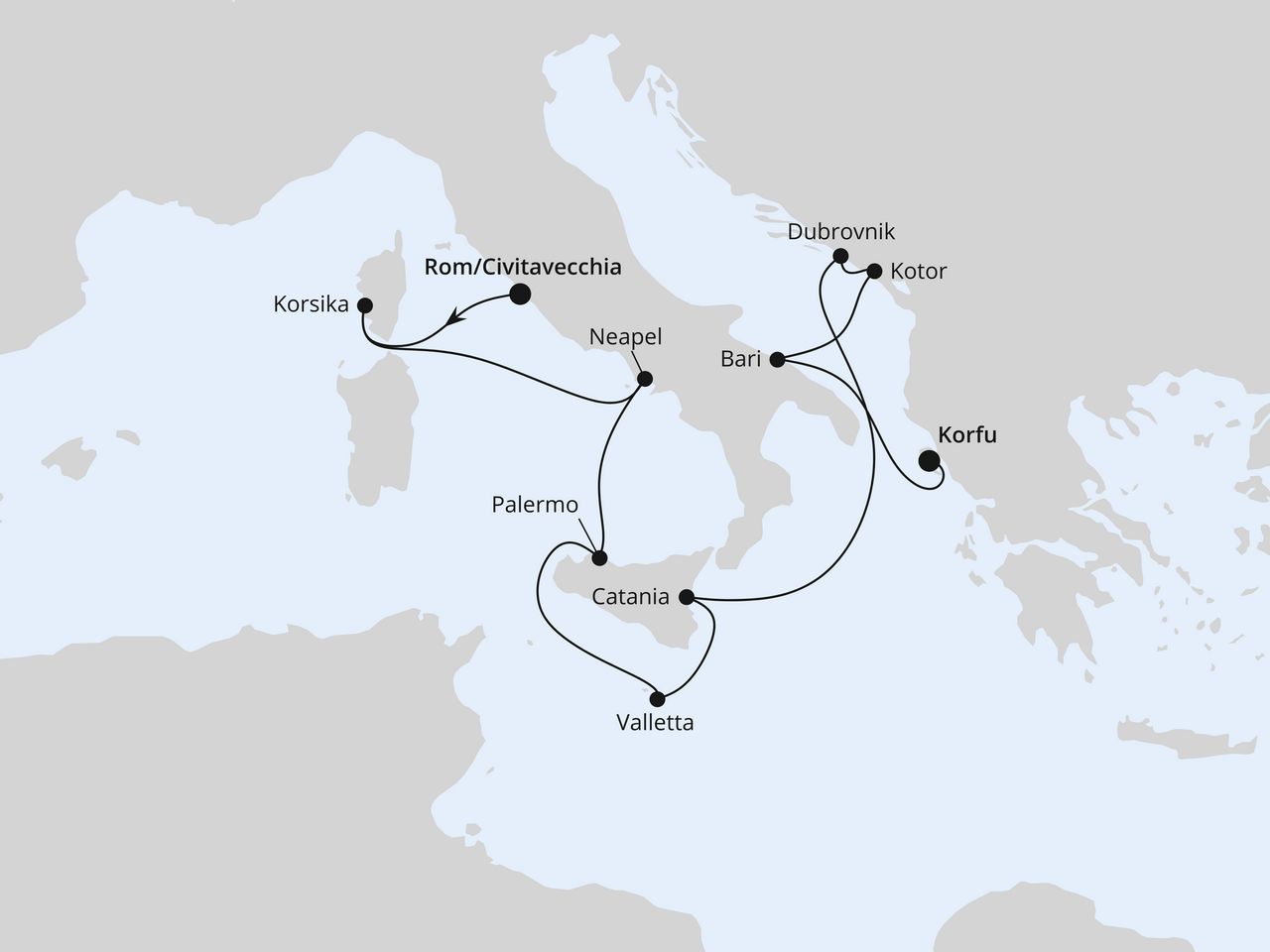 Routenkarte: Mittelmeer & Adria ab Civitavecchia