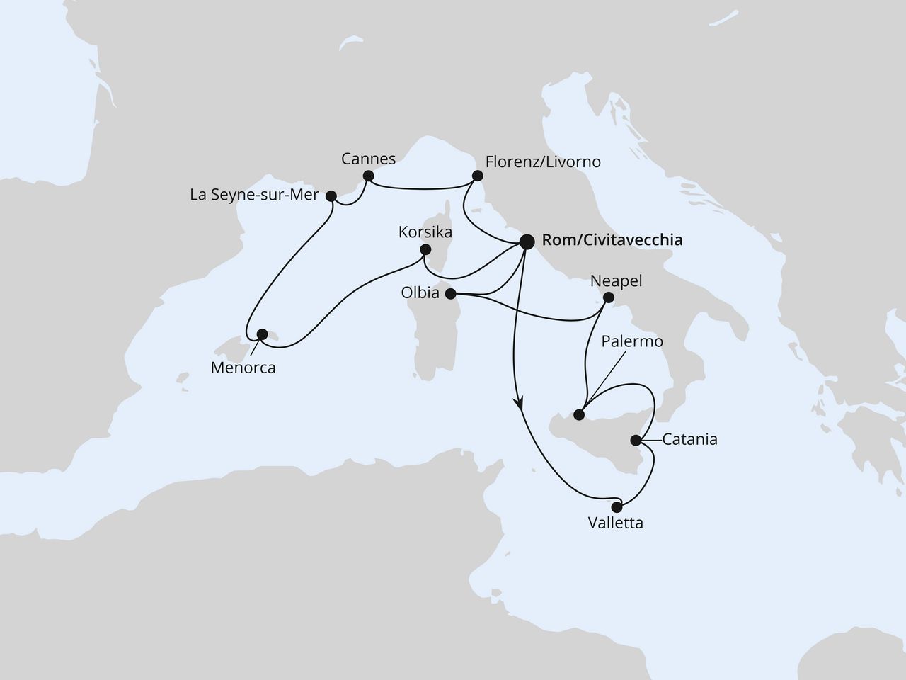 Routenkarte: Italien & Mittelmeerinseln ab Civitavecchia