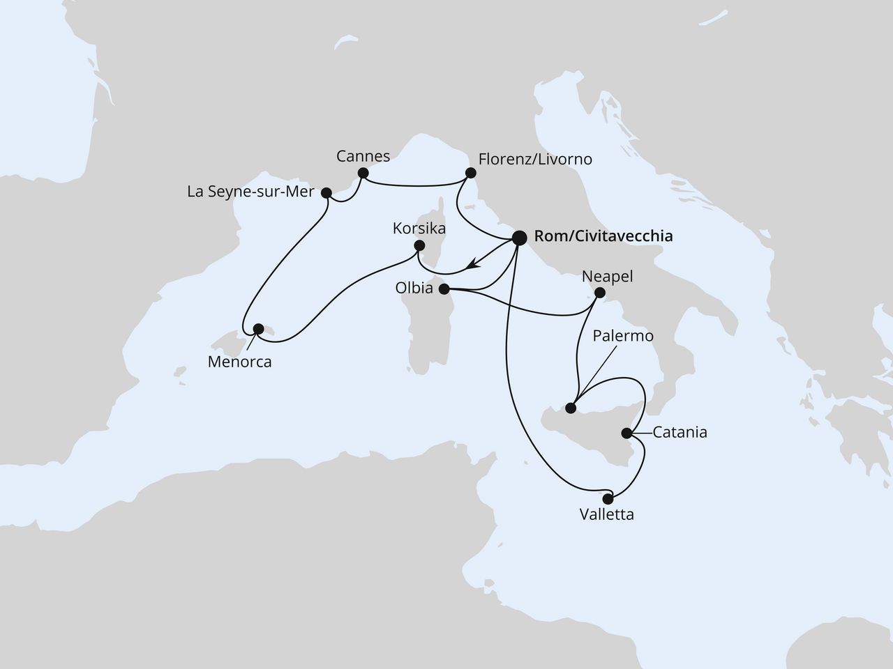 Routenkarte: Italien & Mittelmeerinseln ab Civitavecchia