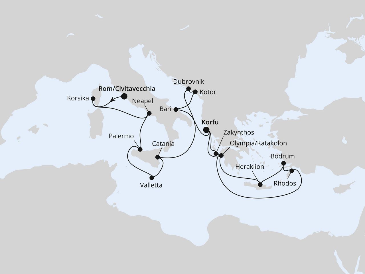 Routenkarte: Große Mittelmeer-Reise ab Civitavecchia