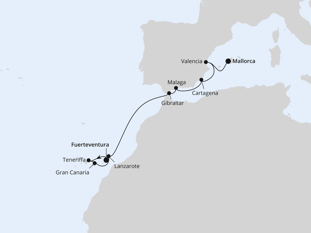 Routenkarte: Kanaren & Südspanien ab Fuerteventura
