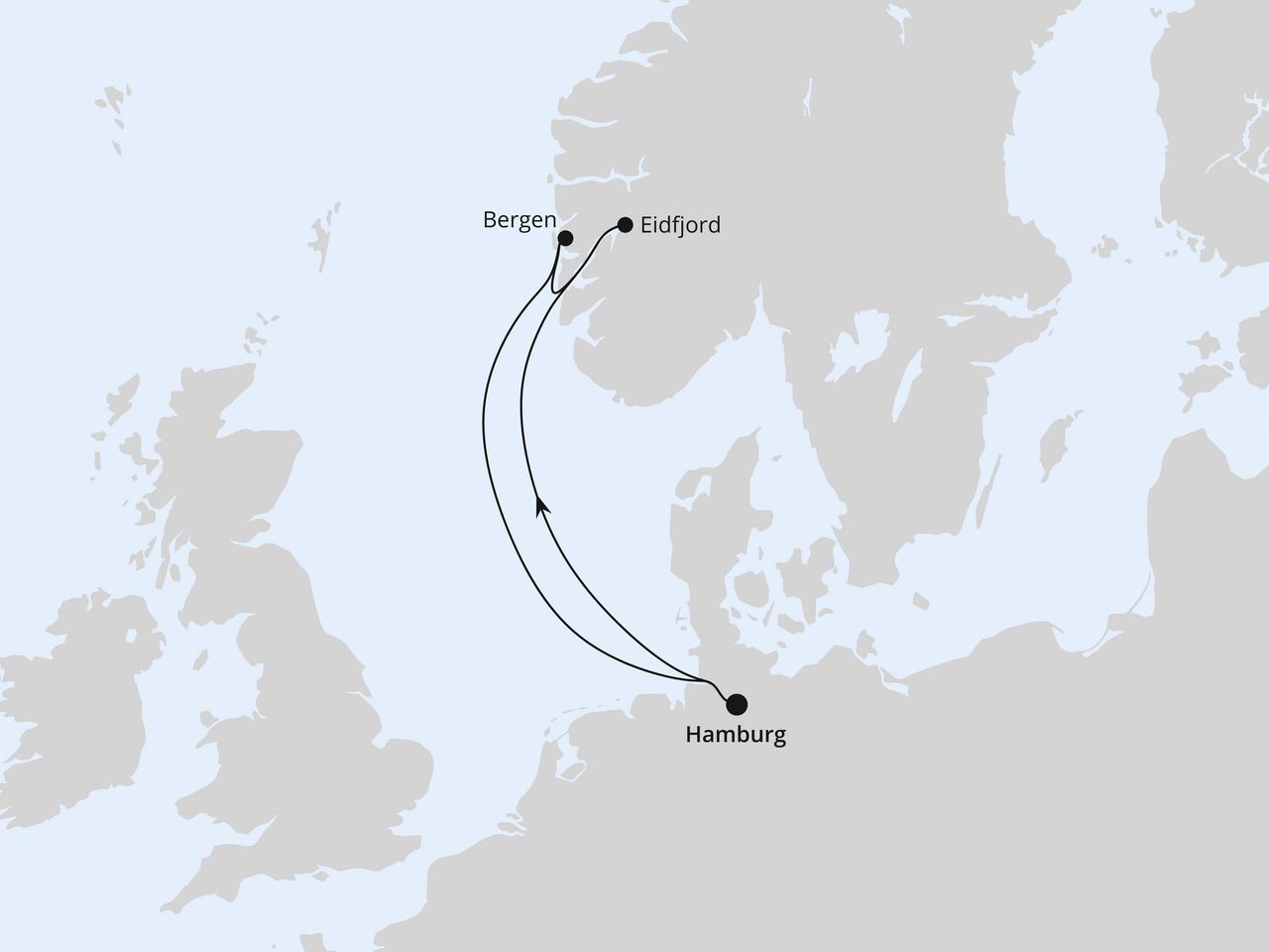 Routenkarte der AIDA Kreuzfahrt Kurzreise nach Norwegen ab Hamburg