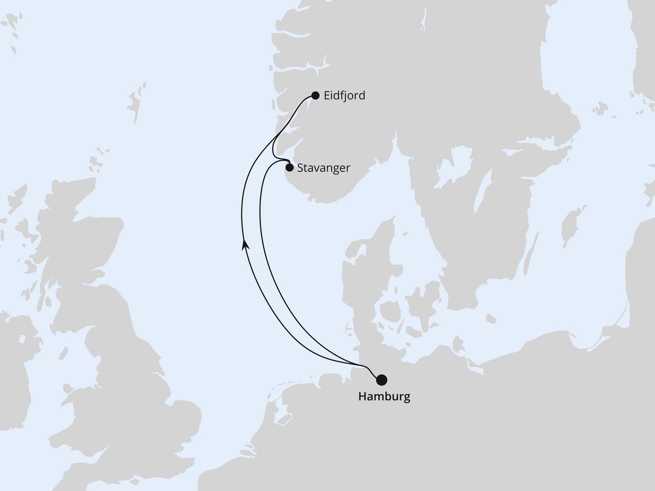 Routenkarte der AIDA Kreuzfahrt Kurzreise nach Norwegen ab Hamburg