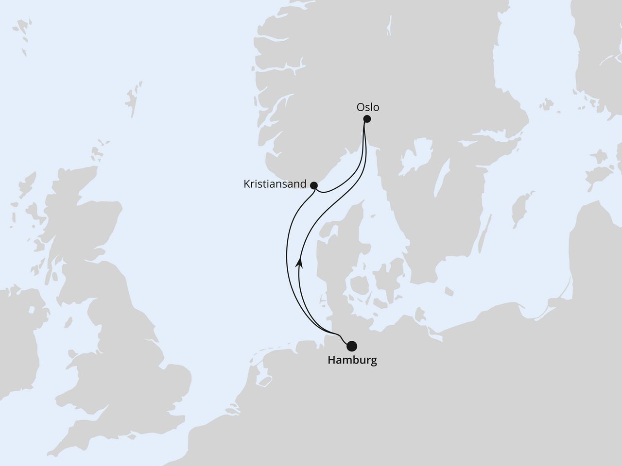 Routenkarte der AIDA Kreuzfahrt Kurzreise nach Norwegen ab Hamburg