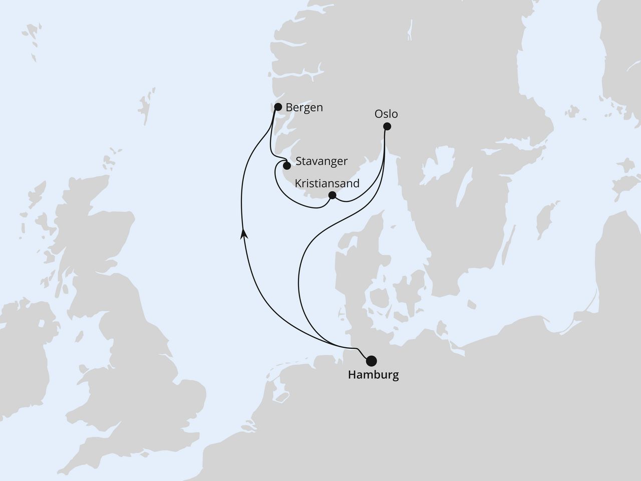 Routenkarte der AIDA Kreuzfahrt Südnorwegen ab Hamburg