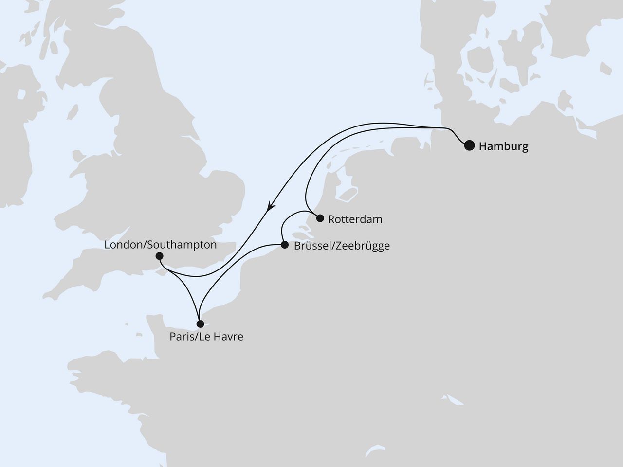 Routenkarte der AIDA Kreuzfahrt Metropolen ab Hamburg