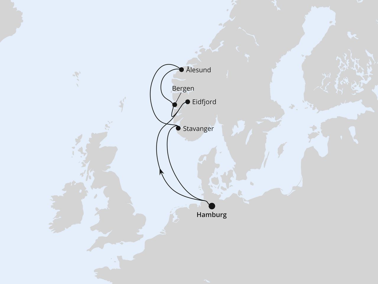 Routenkarte der AIDA Kreuzfahrt Norwegen ab Hamburg