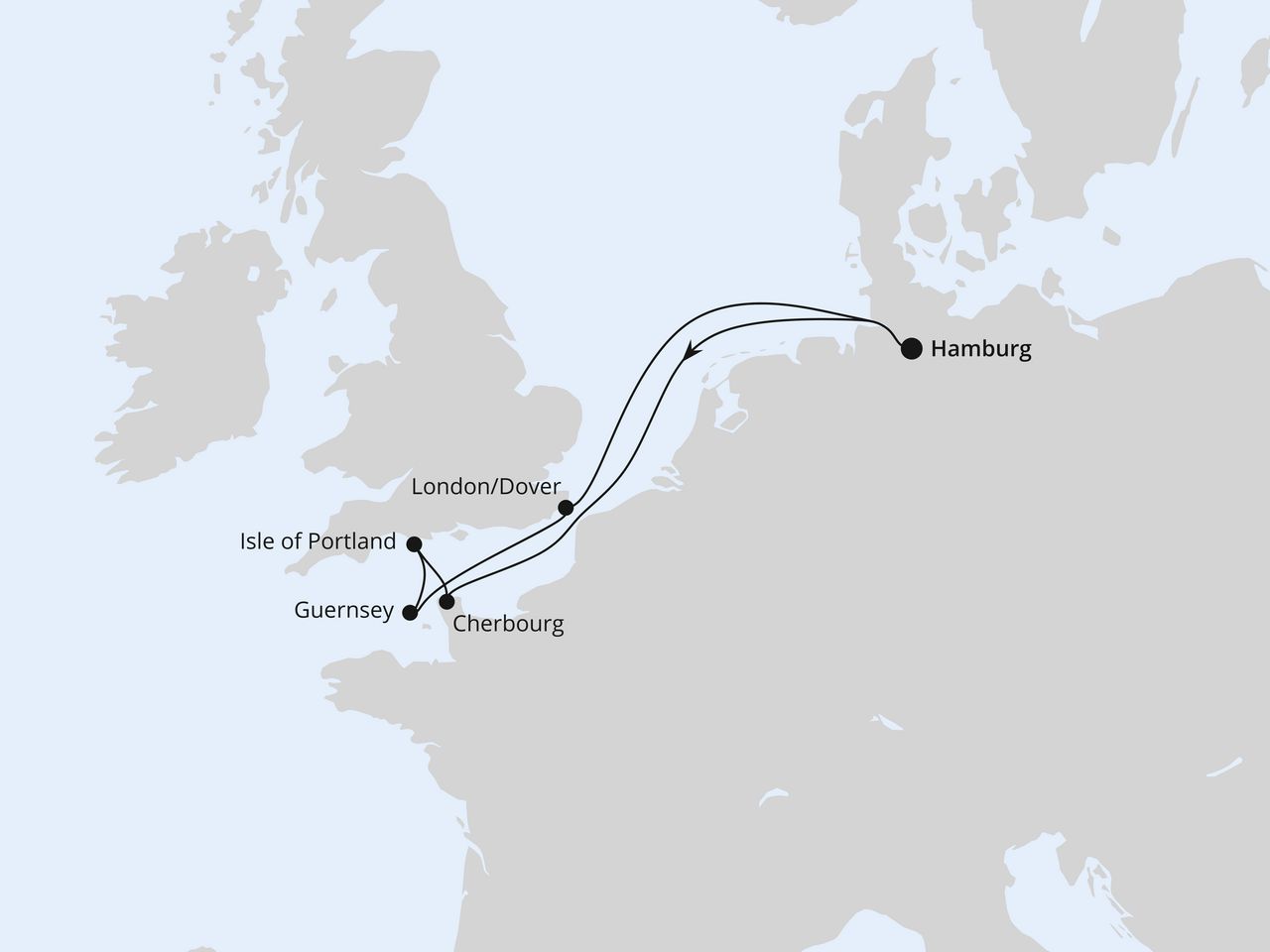 Routenkarte der AIDA Kreuzfahrt Südengland, Guernsey & Mont-Saint-Michel ab Hamburg