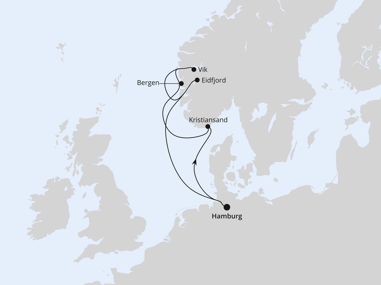 Routenkarte der AIDA Kreuzfahrt Norwegens Fjorde mit Eidfjord ab Hamburg