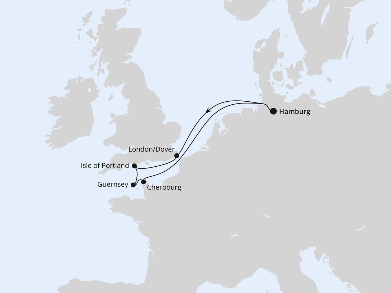 Routenkarte: Südengland, Guernsey & Mont-Saint-Michel ab Hamburg
