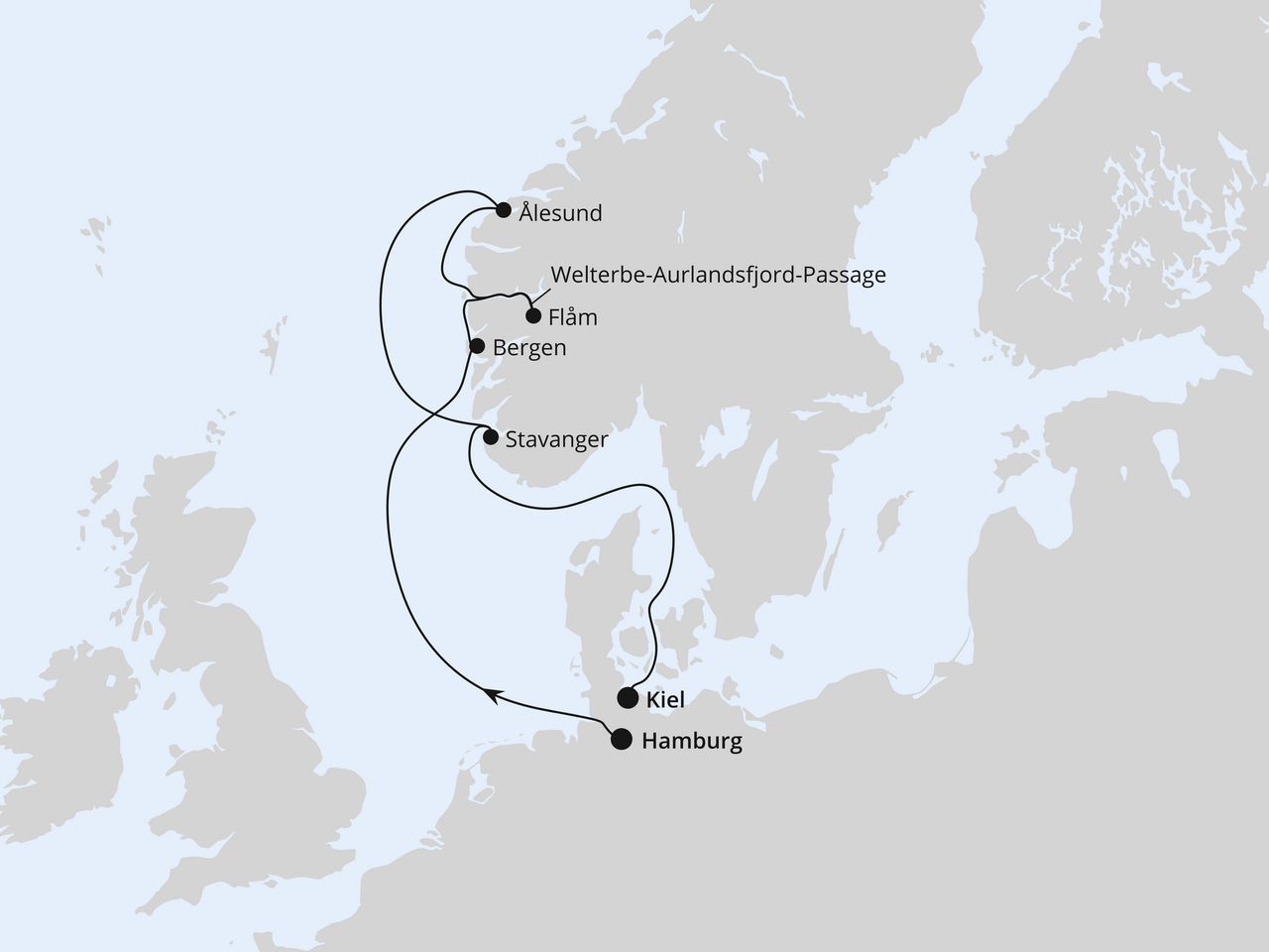 Routenkarte: Norwegens Welterbe von Hamburg nach Kiel