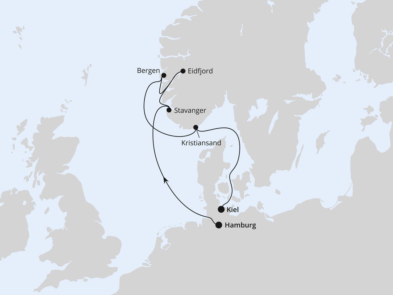 Routenkarte: Norwegen von Hamburg nach Kiel