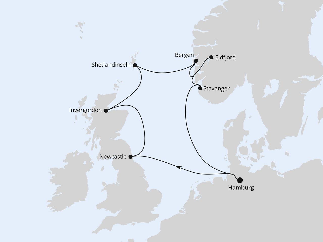 Routenkarte der AIDA Kreuzfahrt Großbritannien & Norwegen ab Hamburg