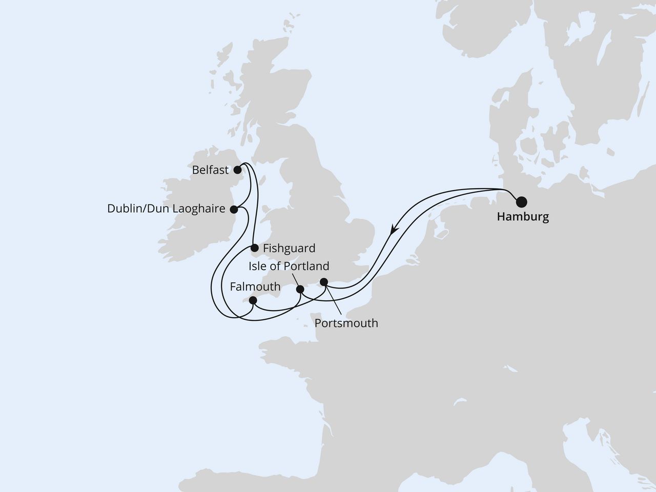 Routenkarte: Großbritannien & Irland ab Hamburg