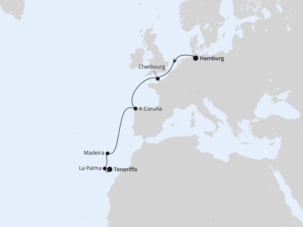 Routenkarte: Von Hamburg über Portugal nach Teneriffa