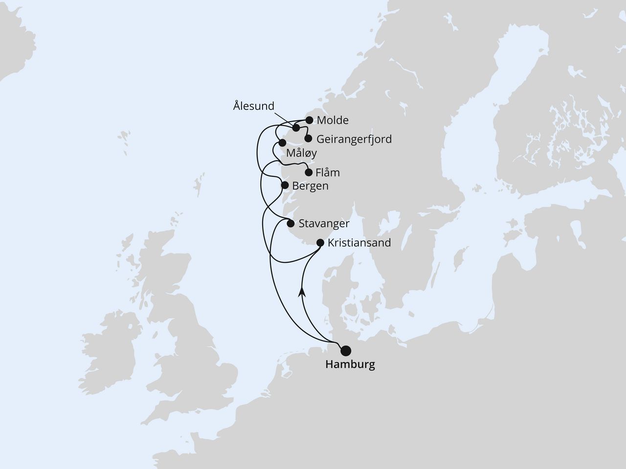 Routenkarte der AIDA Kreuzfahrt Norwegens Fjorde mit Geiranger ab Hamburg 2