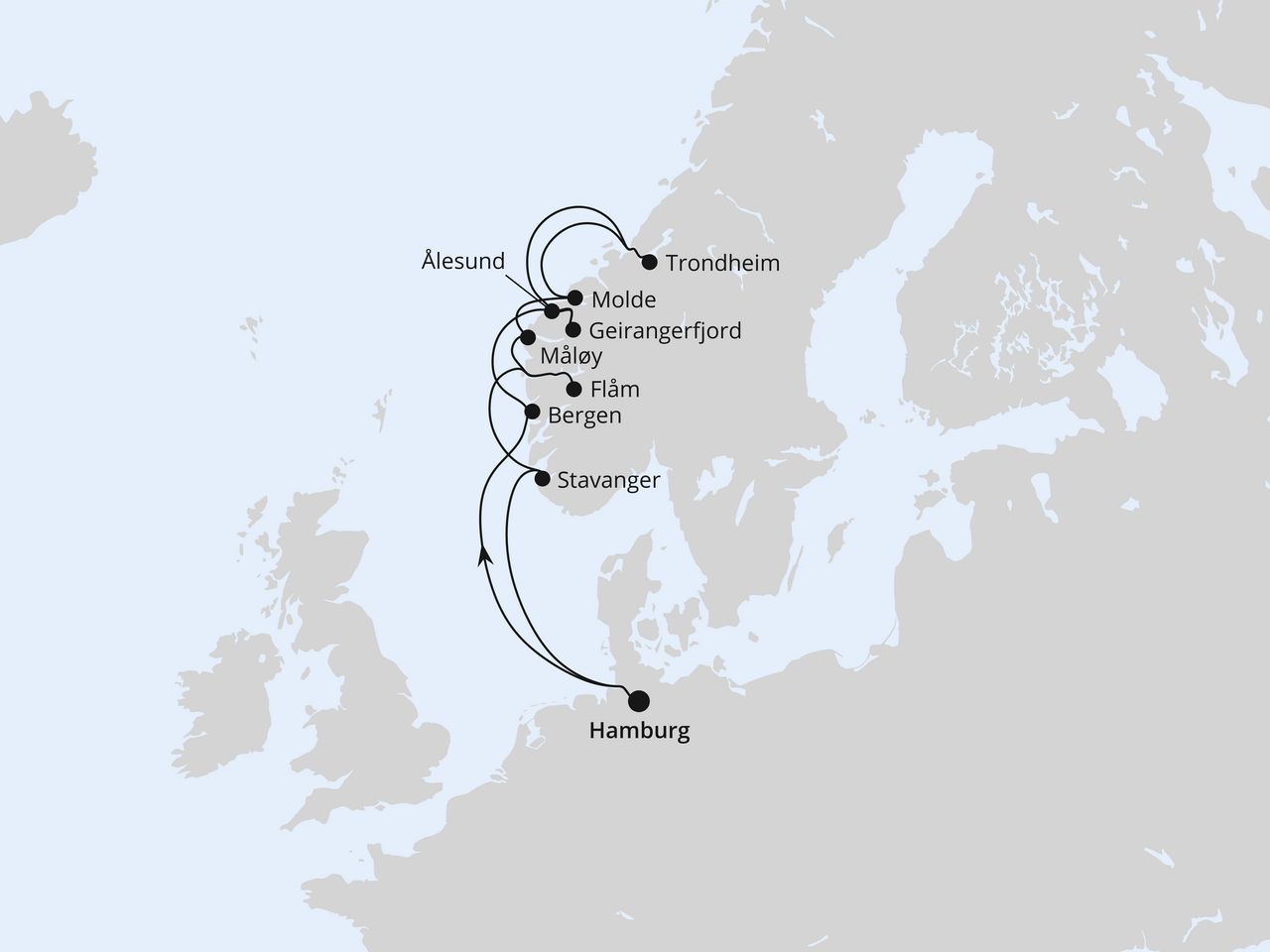 Routenkarte der AIDA Kreuzfahrt Norwegens Fjorde mit Geiranger & Trondheim