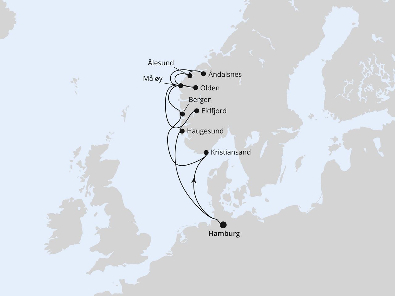 Routenkarte der AIDA Kreuzfahrt Norwegische Fjordlandschaft ab Hamburg