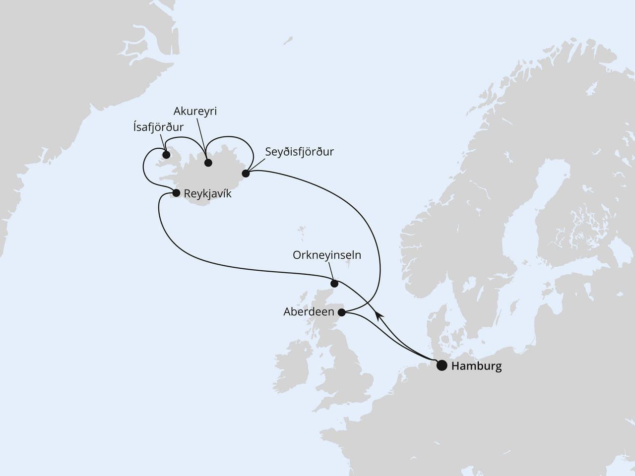 Routenkarte der AIDA Kreuzfahrt Island-Rundreise ab Hamburg