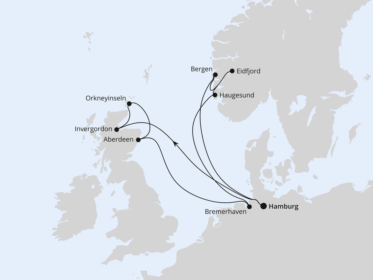 Routenkarte der AIDA Kreuzfahrt Großbritannien & Norwegen mit SAIL Bremerhaven