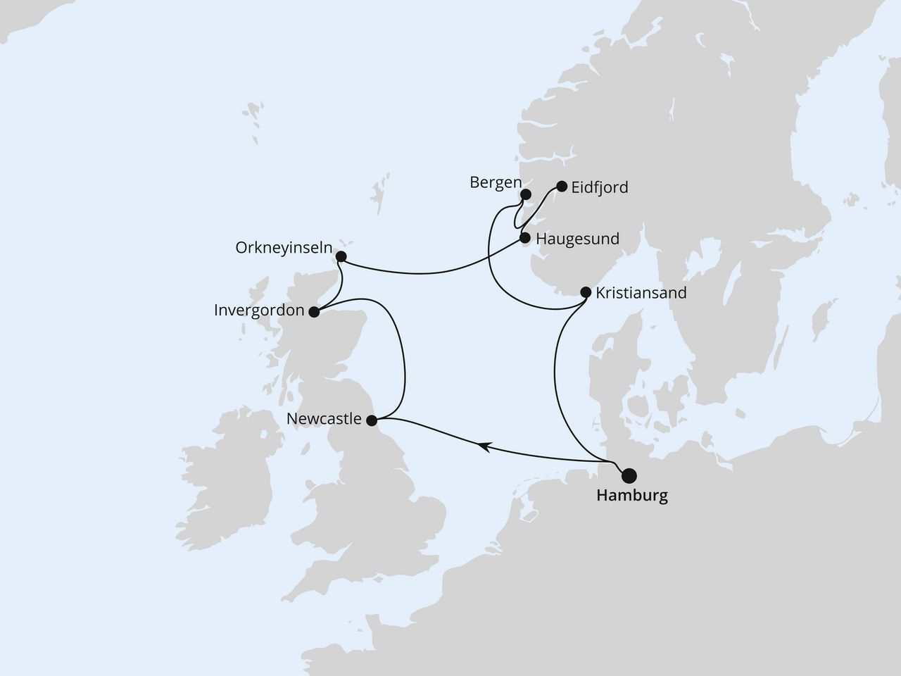 Routenkarte der AIDA Kreuzfahrt Großbritannien & Norwegen