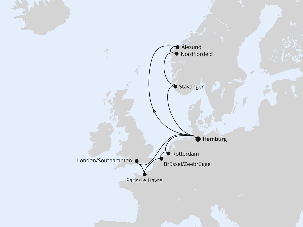 Routenkarte: Metropolen & Norwegen ab Hamburg 2