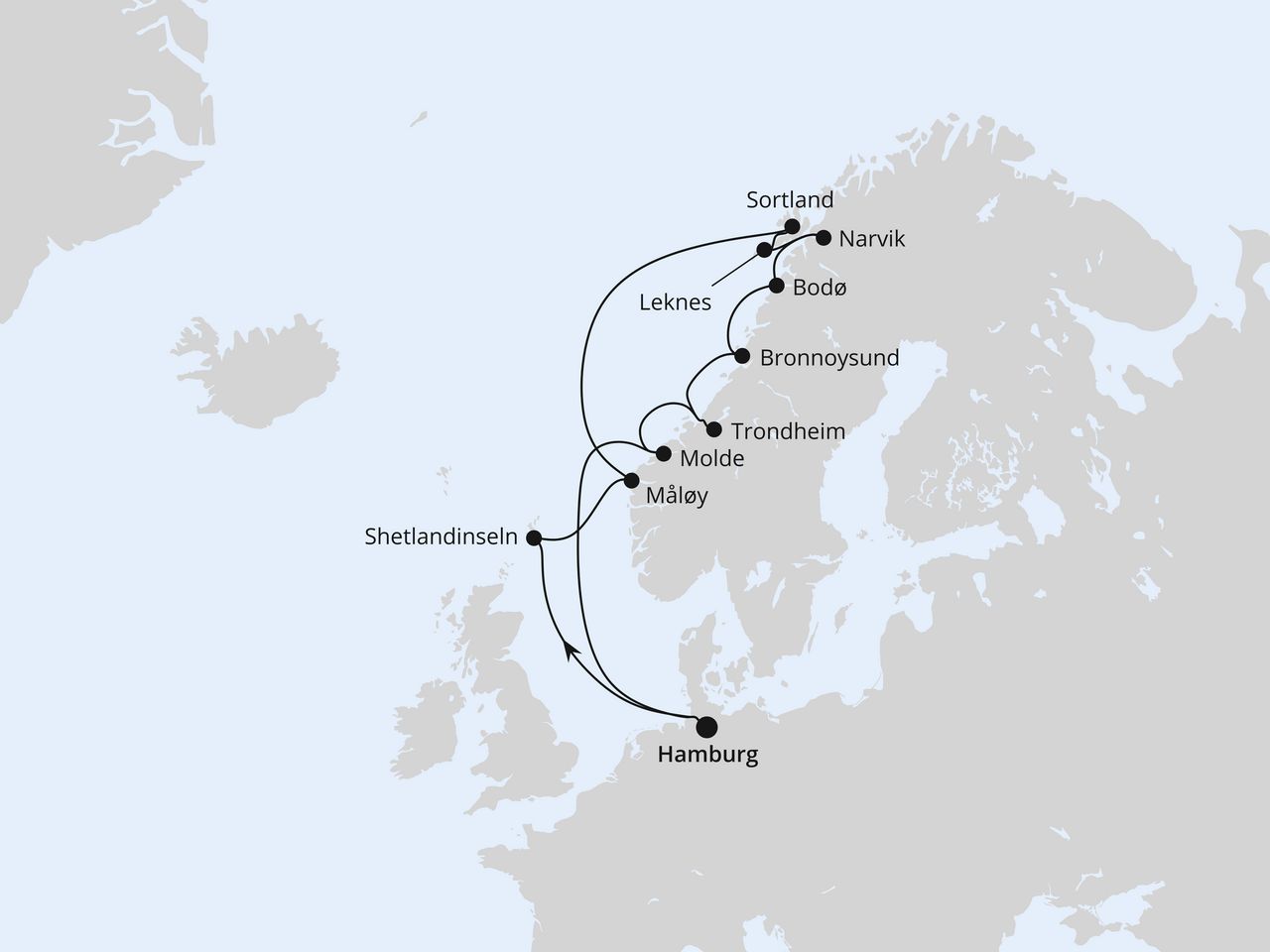 Routenkarte der AIDA Kreuzfahrt Norwegen mit Lofoten & Vesterålen ab Hamburg