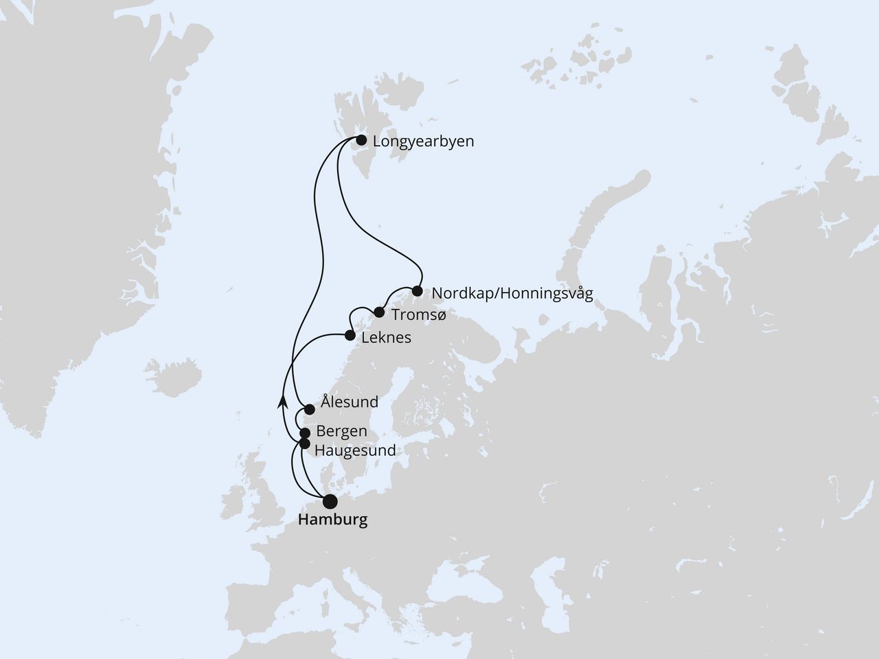 Routenkarte der AIDA Kreuzfahrt Norwegen mit Spitzbergen & Lofoten