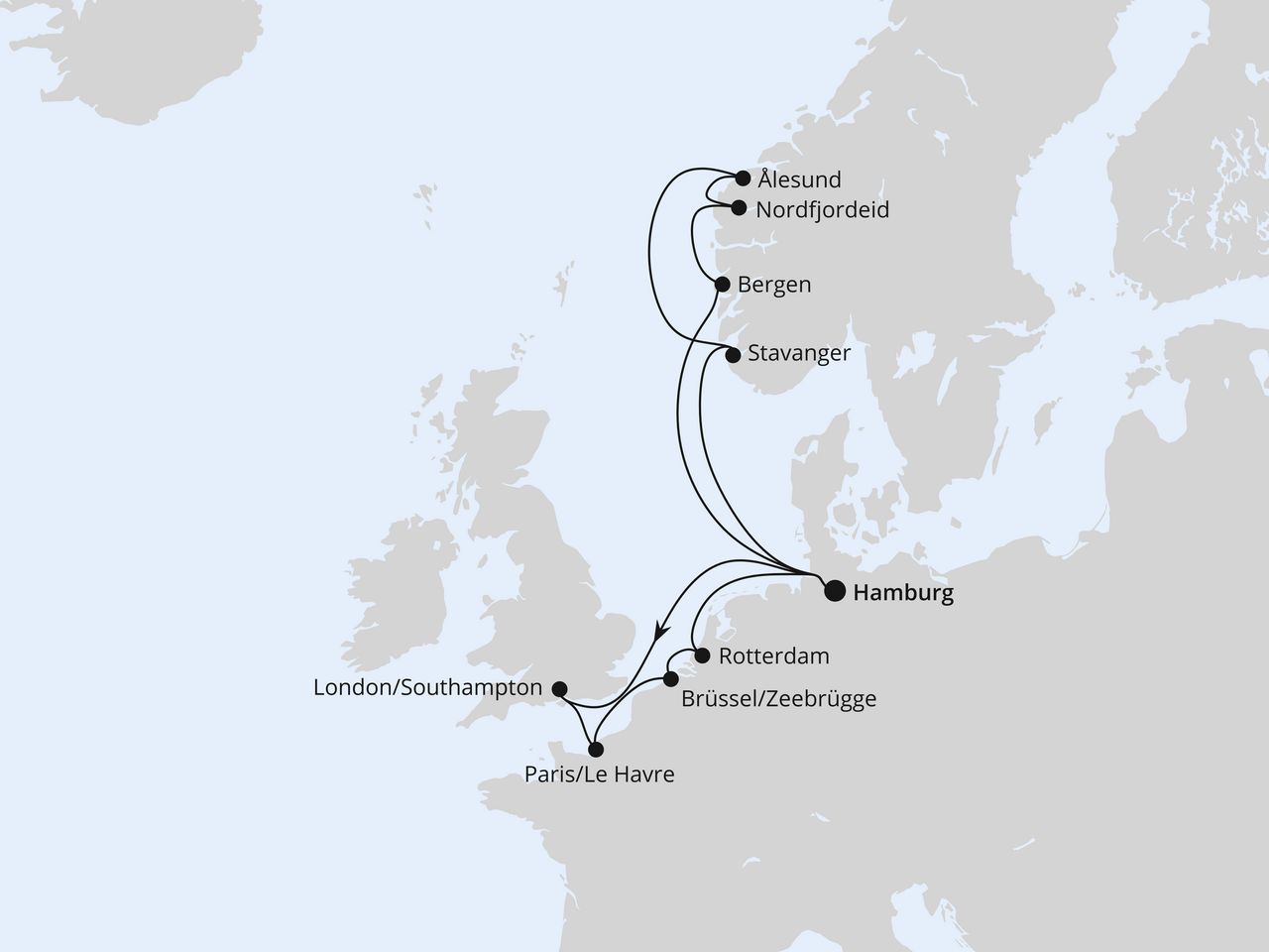 Routenkarte: Metropolen & Norwegen ab Hamburg