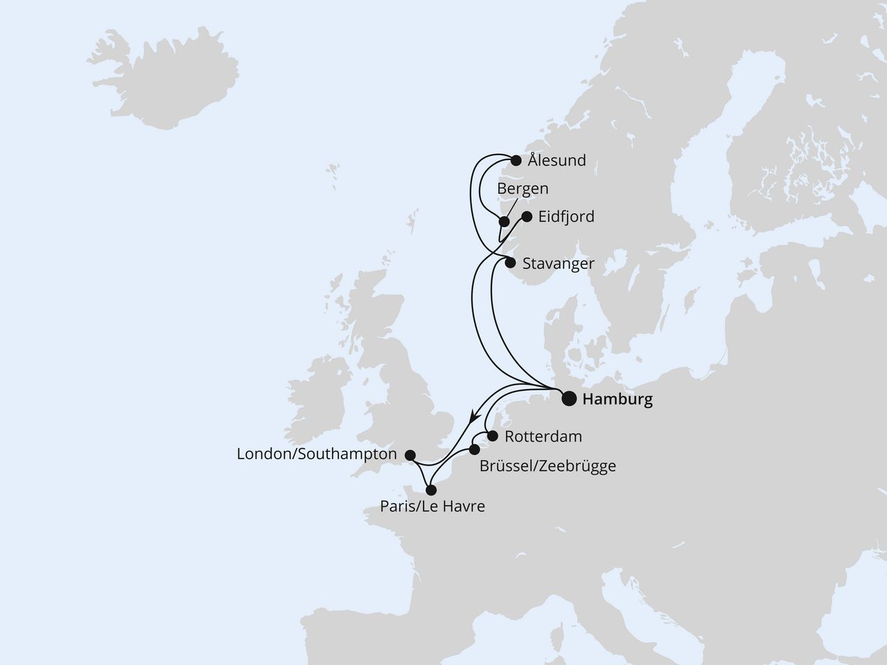 Routenkarte der AIDA Kreuzfahrt Metropolen & Norwegen ab Hamburg