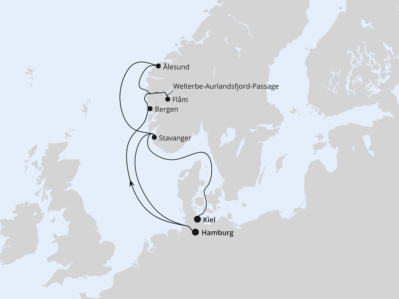 Routenkarte: Große Norwegen-Reise von Hamburg nach Kiel