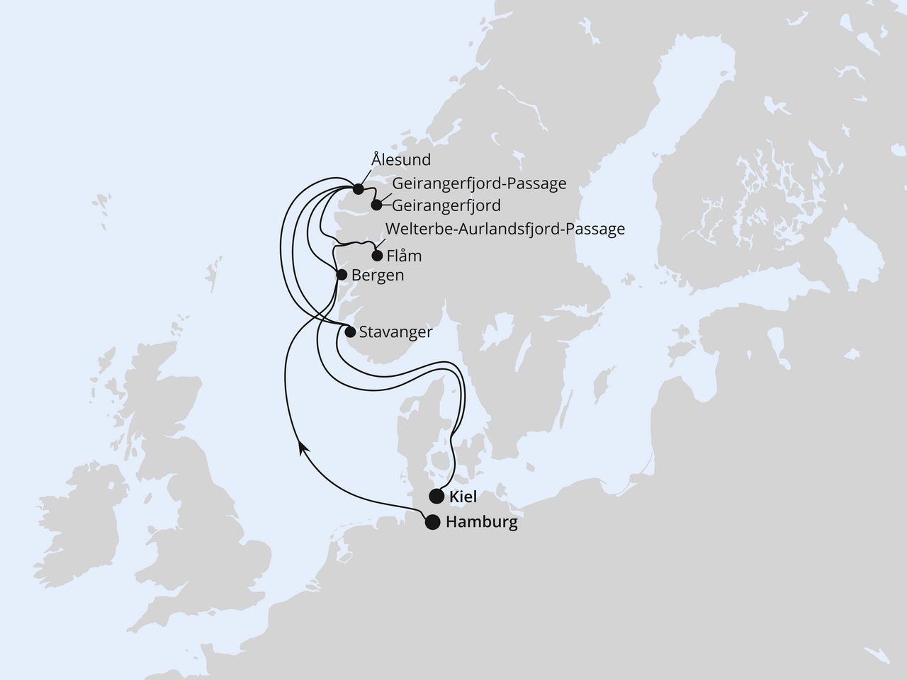 Routenkarte: Große Norwegen-Reise von Hamburg nach Kiel