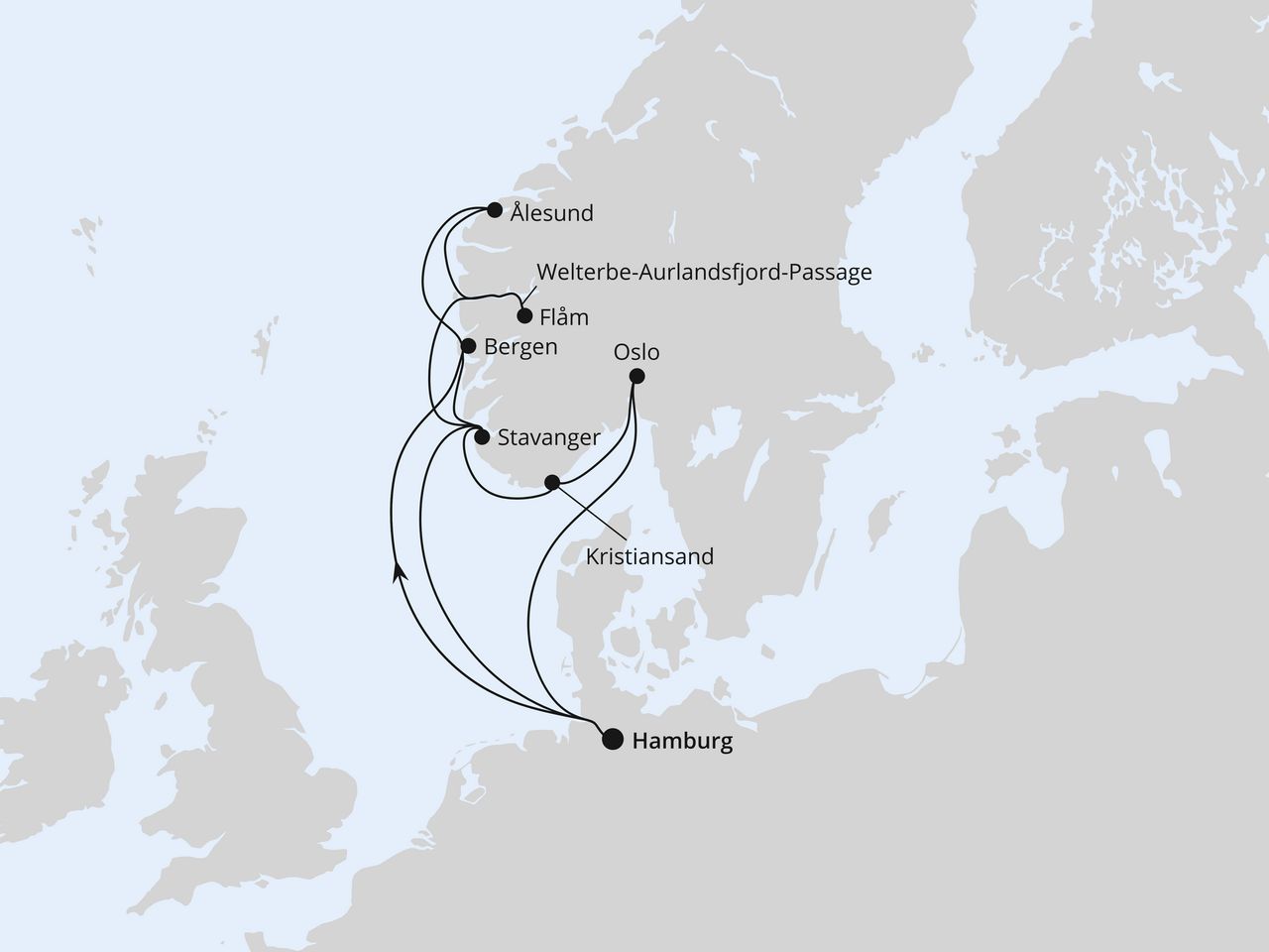 Routenkarte: Große Norwegen-Reise ab Hamburg