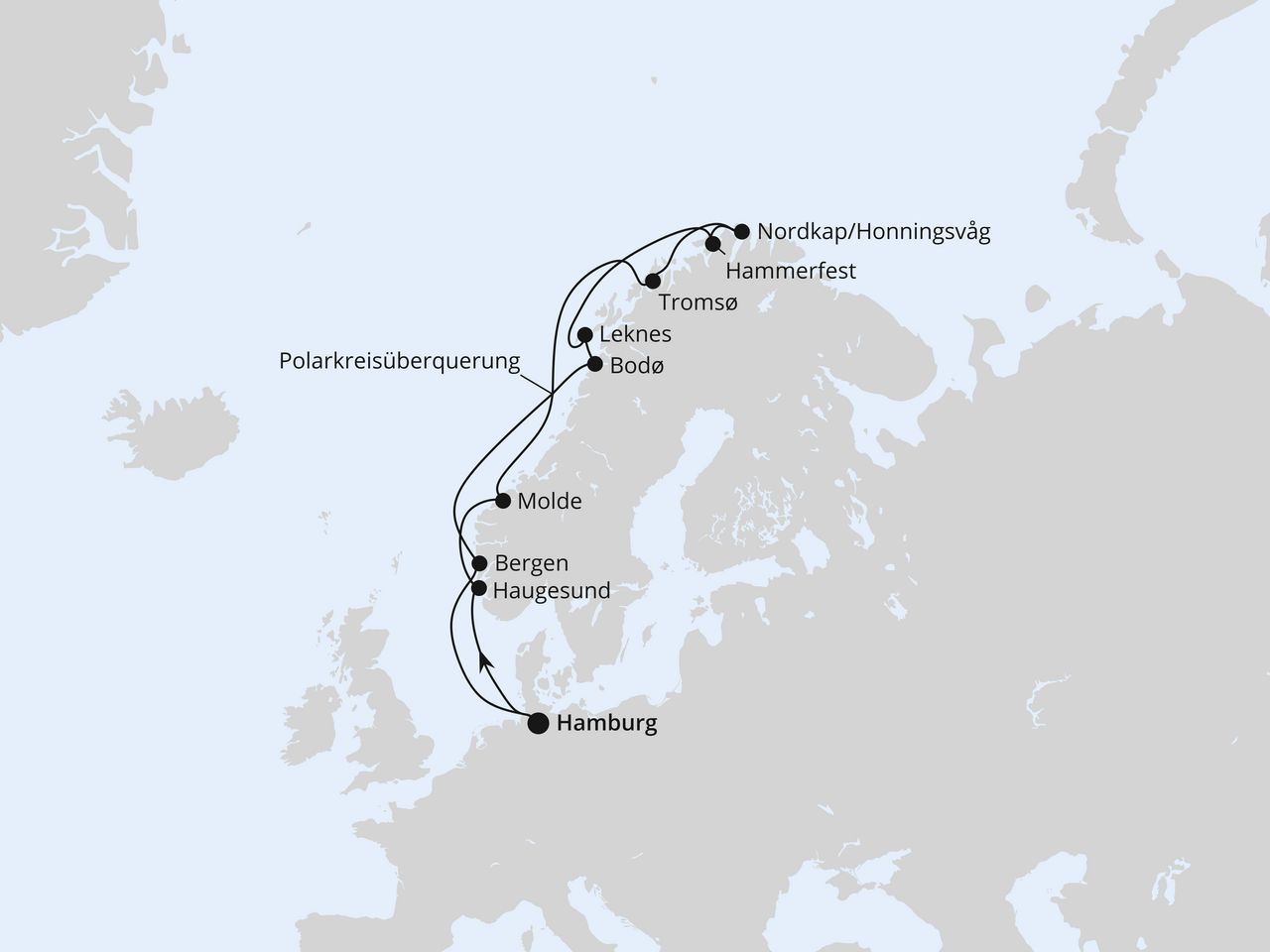 Routenkarte: Norwegen mit Lofoten & Nordkap ab Hamburg