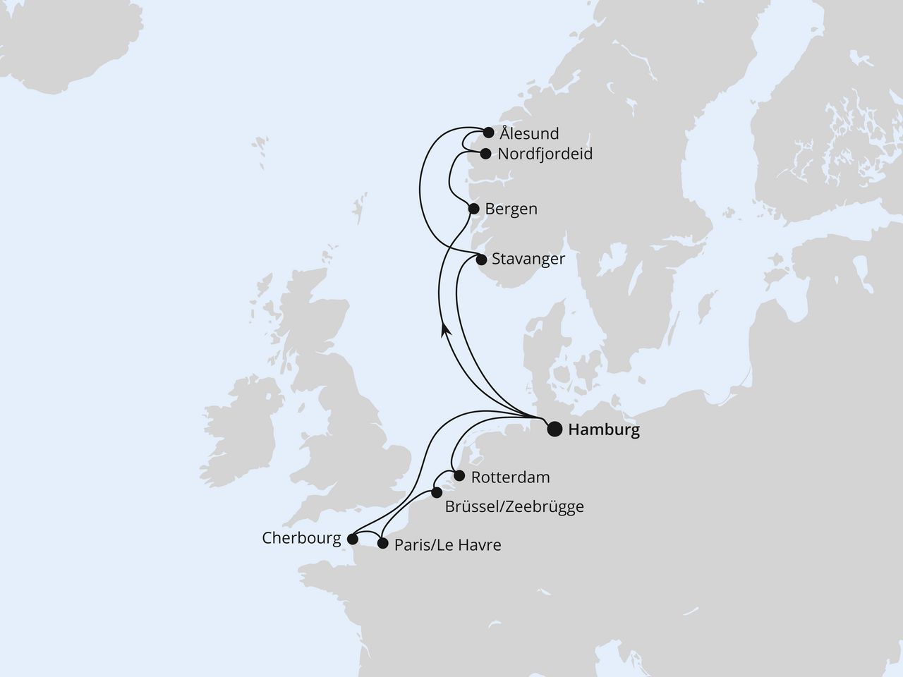 Routenkarte: Metropolen & Norwegen ab Hamburg