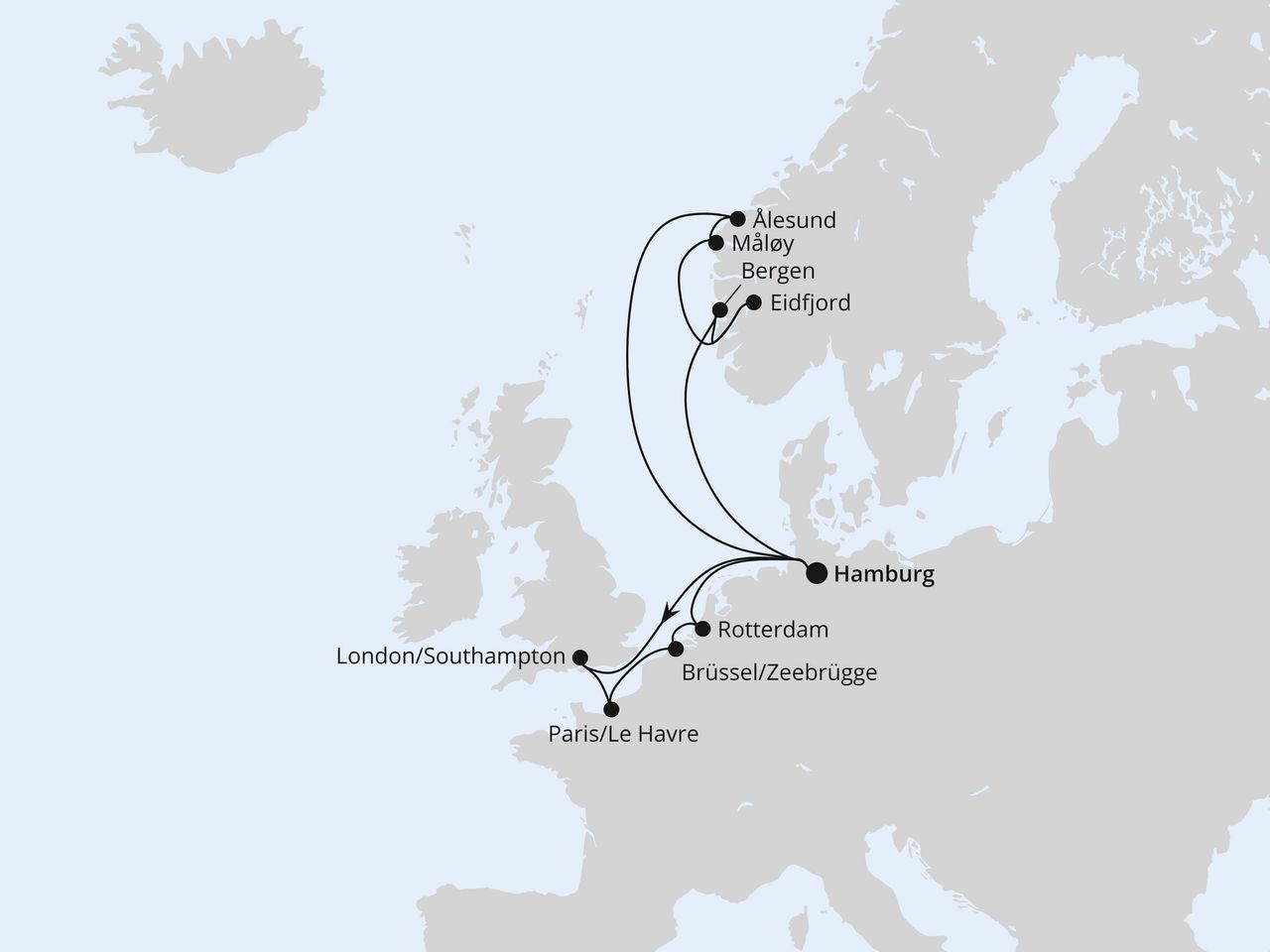 Routenkarte: Metropolen & Norwegen ab Hamburg