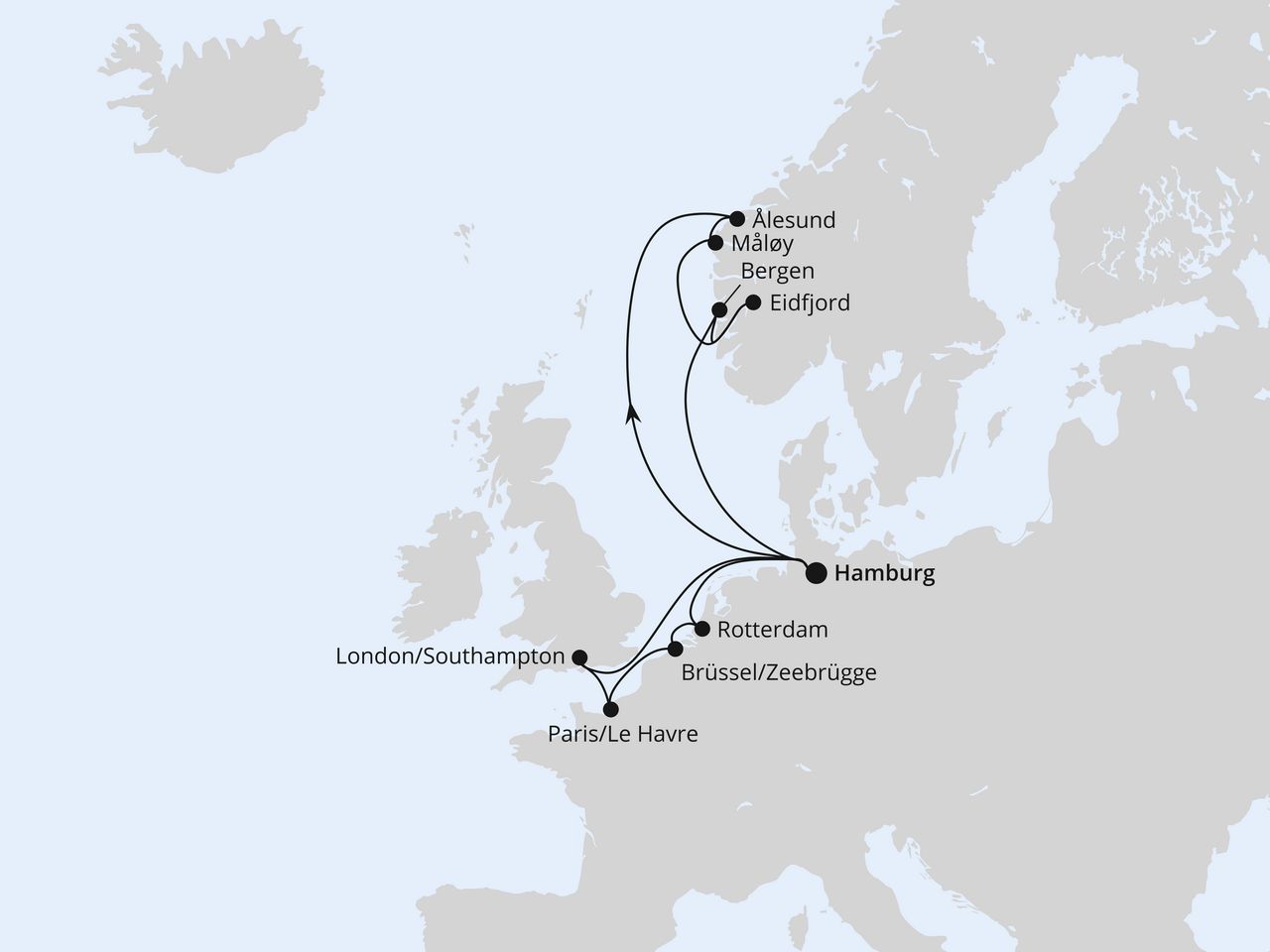 Routenkarte: Metropolen & Norwegen ab Hamburg